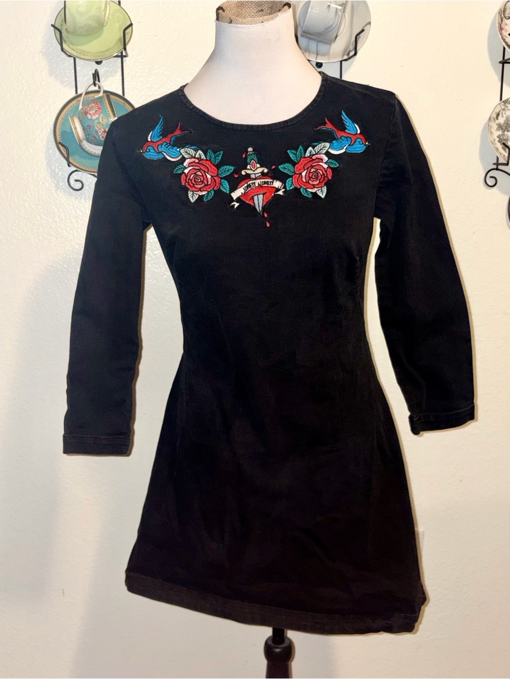 Mohito Denim Black Embroidered Tattoo Dress 38 Rockabilly Swallow Rose Dagger